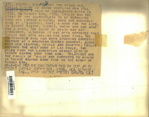 1954 Press Photo Emilie Dionne at Ste. Agathe, Quebec in Canada - tuw04613 - Picture 2 of 2