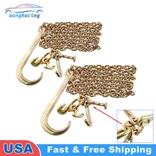 2PCS 5/16" X 10' G70 Flatbed Truck Transport Tow Chain J Hook Shank w/ Grab Hook