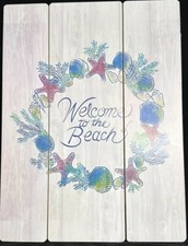 welcome to the beach wooden plaque sign wall decor coastal nautical Seashells