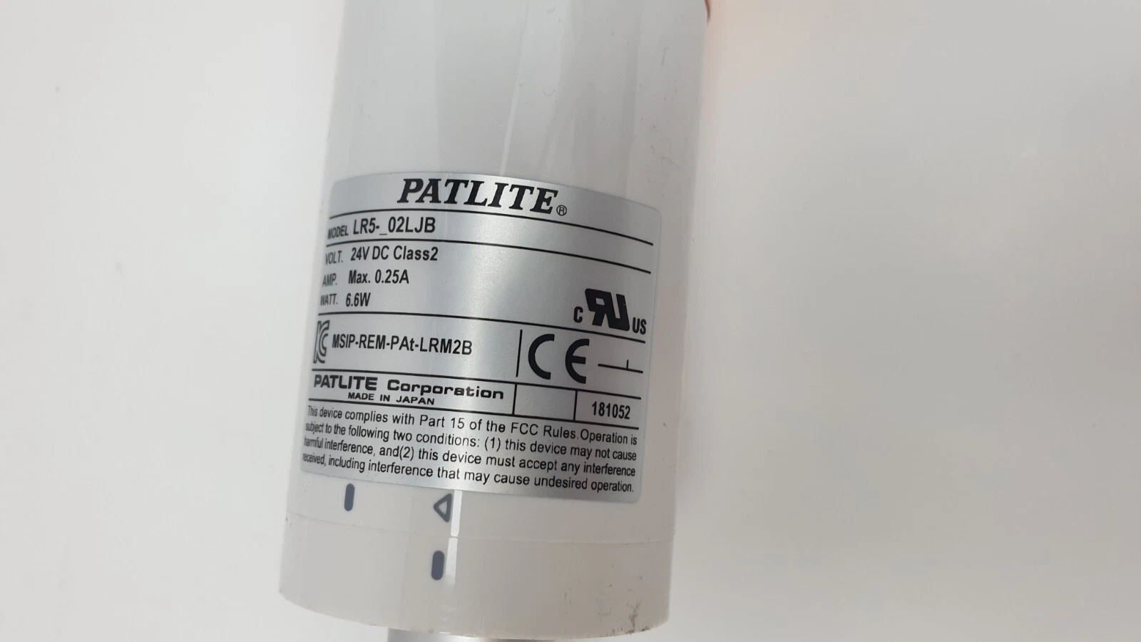 PATLITE label: model LR5-_02LJB, 24V DC Class2, max 0.25A, 6.6W, made in Japan