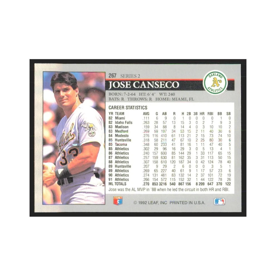 1992 Leaf Jose Canseco Athletics #267 - Image 2 of 3