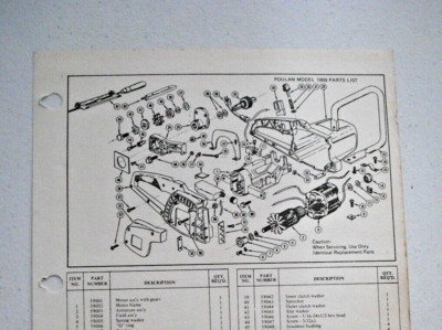 Vintage 1973 Poulan Chain Saw Parts List - Model 1000 - 1 pg