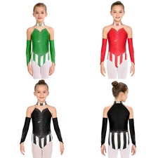 Kids Girls Bodysuit Shinny Rhinestones Jumpsuit Adorned Leotard Design Circus