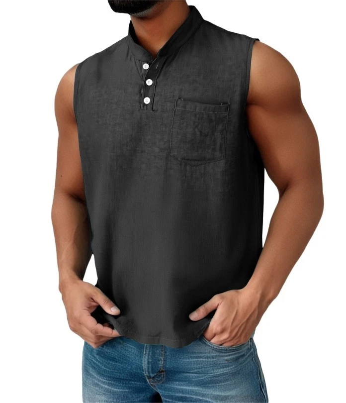 Men's Sleeveless Henley T-Shirt Casual Cotton Blend Tank Top Summer Gym Vest - Image 4 of 4