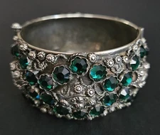 Ascoli Piceno Sterling Silver Hinged Pin Bracelet With Green Rhinestones Vintage