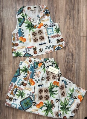 Linen Tropical Quiet Luxury Top and Skirt Set Size Small NWT Euro Artsy Beach 