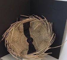 Woven grass  basket, natural and black color, chic fringe, bold style