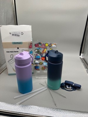 Lot of 2 Gonfoam Kids Water Bottles 16oz Gradient Blue Purple Straw Brush