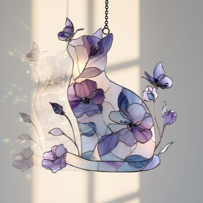 Butterfly Cat Acrylic Suncatcher, Purple Floral Cat Window Hanging