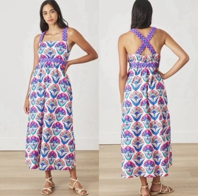 NWT Printfresh Coastal Organic Cotton Midi Dress Geo Floral Fuschia Women Medium