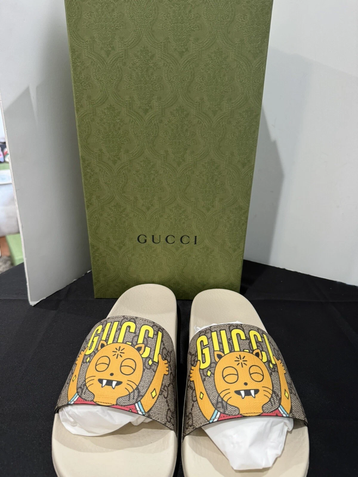 Gucci GG Supreme Drôle Chat Slides Homme Tailles 9 NEUF
