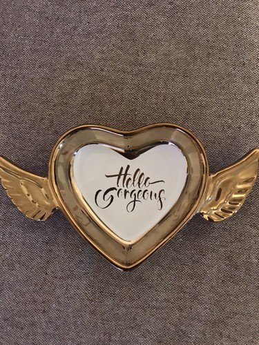 Hello Gorgeous  Heart  Wings Jewelry Brass  Trinket Tray Gold Office Decor Home