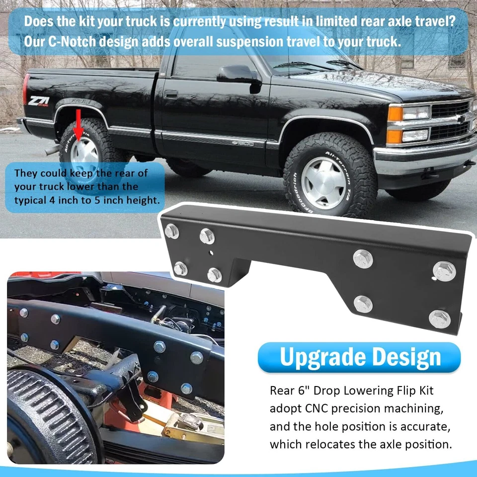 C-Notch Rear Lowering Drop Flip for Chevy Silverado C1500 GMC Sierra 1988-98 - Image 3 of 4