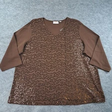 Quacker Factory Shirt Womens 2X Brown 3/4 Sleeve Beaded Sequin Blouse Top