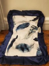 Minky Couture Navy White Feather Lovey Baby Security Blanket Satin Trim Gray