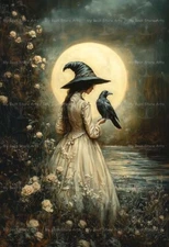 MYSTICAL WITCH ART PRINT, Witchy Gothic Home Decor, Cottagecore Crow Poster F163