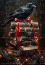 CHRISTMAS CROW BOOK STACK ART PRINT, Holiday Home Decor, Raven Bird Poster E502