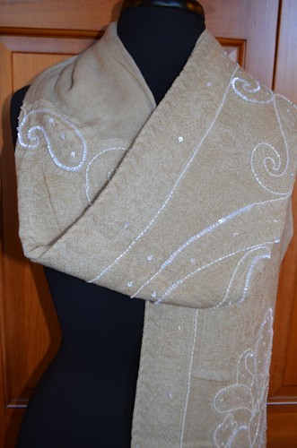 Anthropologie NWT Beaded Paisley Wool scarf by Ahujasons Tone on Tone Beige - Picture 2 of 2