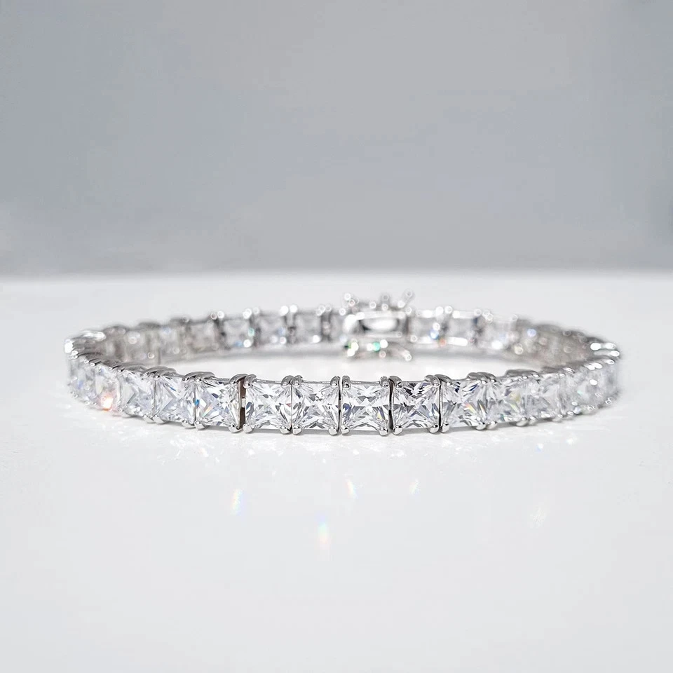 14K White Gold Women's Gift Princess Cut Lab Created Diamond Tennis Bracelet 8" - Image 4 of 4