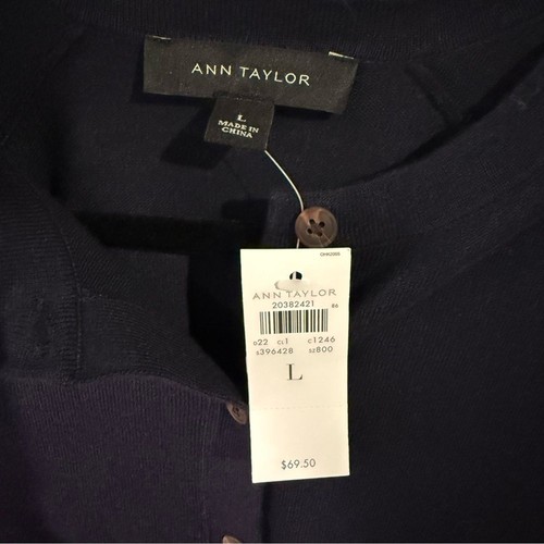 Ann Taylor Button Front Navy Cardigan NWT Large Classic Crewneck Office Layering - Picture 2 of 5