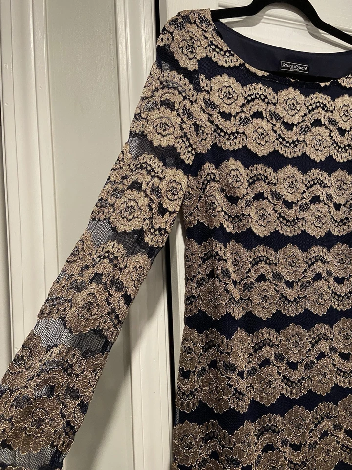 Платье-футляр Jessica Howard Evenings размер 12 с длинным рукавом темно-синее золотистое кружевное - Изображение 4 из 4