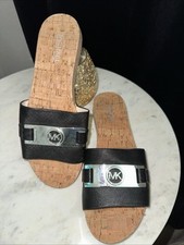 Michael Kors Warren Platform black Open toe silver Logo Sandal Leather Cork NEW