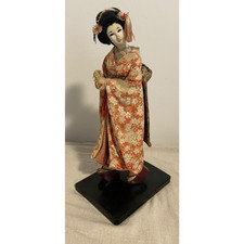 Bambola geisha giapponese vintage kimono di seta su supporto Maiko Folk Craft H: 14,5 in