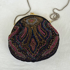 Handmade Beaded Black Evening Bag Kiss Lock Clutch w/ Chain Handle Made in China