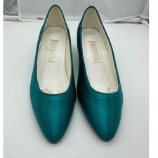 Vintage Highlights Teal Satin Pointed Toe Kitten Heel Pumps Size 8
