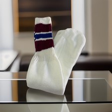 Mens VTG Socks Sport Tube Acrylic USA Made Blue Burgundy White Stripe OSFA 22  