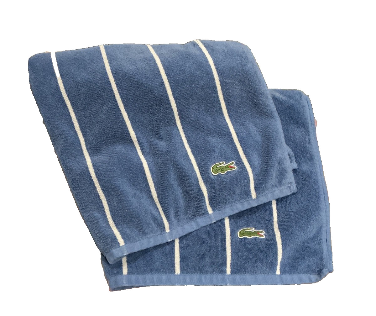Lacoste Two Tone Blue White Striped Towel Large Bath Beach Towel Set 48” x 58”