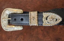 VOGT ELKCREEK Sterling .925 14k Buckle Set Star Rope Edge & Black Belt Sz 30