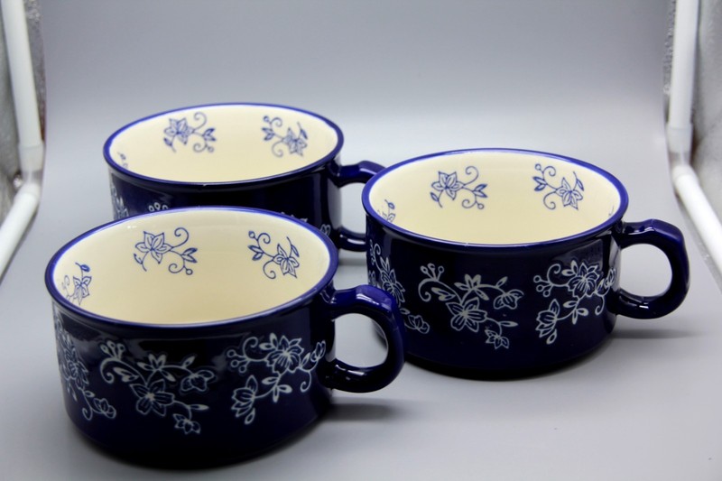 3 Temp-tations By Tara Blue Floral Lace Soup Mug Handle PPP-SQ-471668 L@@Kl