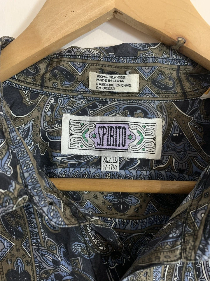 Camisa De Colección Spirito 100% Seda Para Hombre XL/XXL Azul Paisley Abotonada Manga Larga Foto 3 de 4