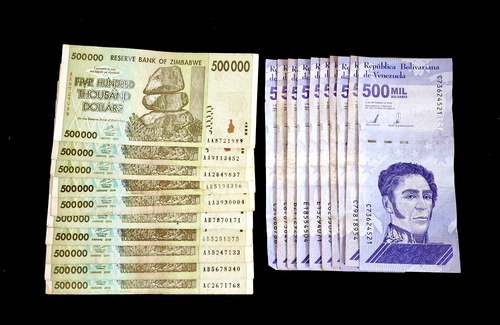 20 banconote - 10 ciascuna x Zimbabwe / Venezuela 500000 - circolate - Foto 1 di 2