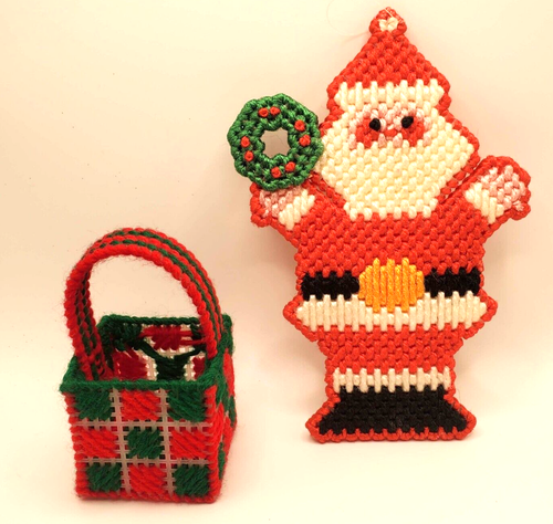 Needlepoint Santa and Basket Handcrafted - 第 1/4 張圖片