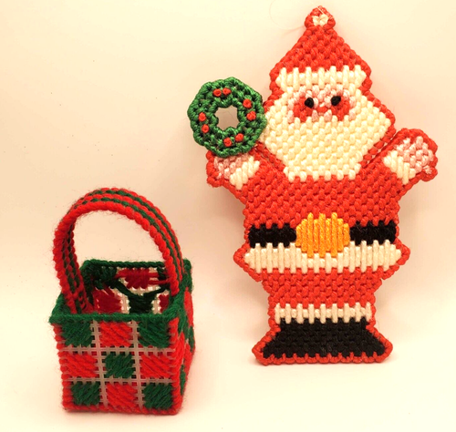 Needlepoint Santa and Basket Handcrafted - Picture 1 of 4