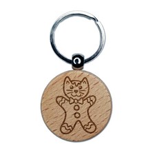 Christmas Gingerbread Cat Engraved Wood Round Keychain Tag Charm