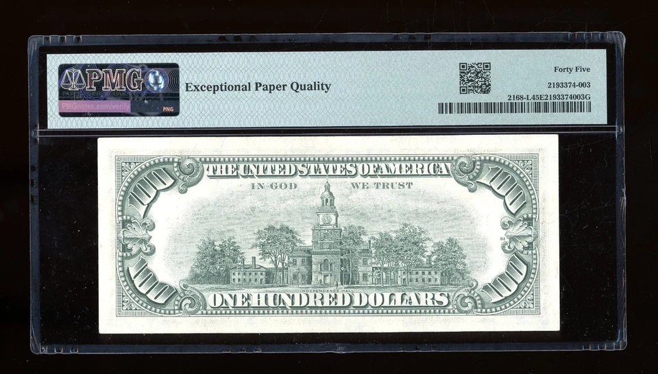 DBR 1977 $100 FRN San Francisco Fr. 2168-L PMG 45 EPQ Serial L25983129A - Image 2 of 2