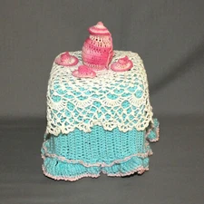 Vintage 1990's Handmade Crocheted Tea Set Tissue Box Cover Blue Pink White
