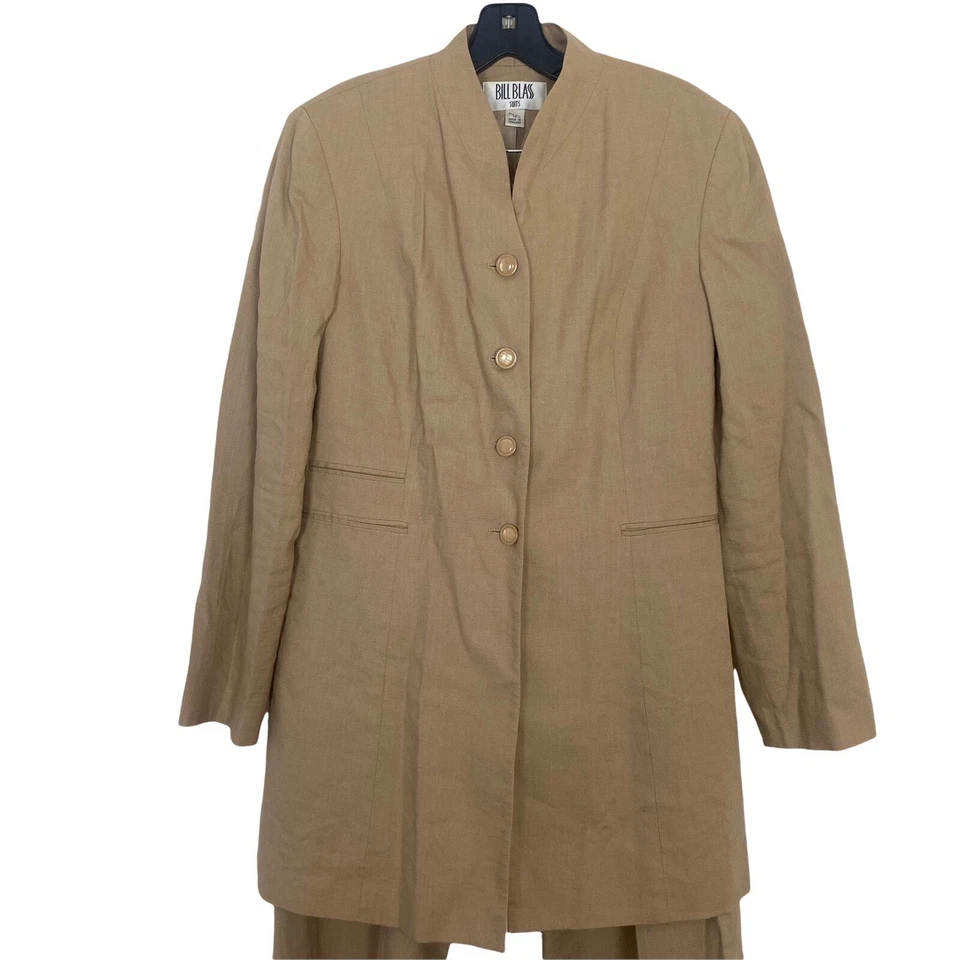 Bill Blass Años 80 Tostado Manga Larga Chaqueta y Pantalón Frente Plano Conjunto Traje Talla 12 Foto 3 de 4