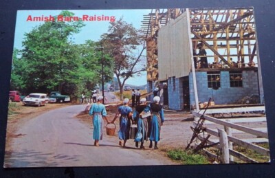 UNUSED PC - GREETINGS FROM AMISH COUNTRY - BARN RAISING, PA.