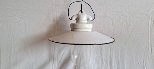 Alt Antik Emaille Bauhaus Glaskolben Decken Lampe Lampenschirm Email Emailliert