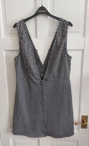 Primark Black White Dogtooth Houndtooth Buttons Down Front Dress Size Uk 16