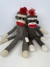 Schylling Sock Monkey Plush 21  Brown White Pom Pom Hat Stuffed Animal 2x
