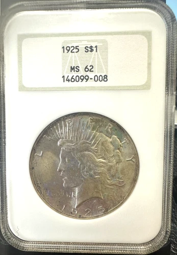 1925-P SILVER PEACE DOLLAR MS62 OLD NGC HOLDER NICE TONING
