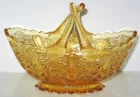 Vintage Fenton Glass Honey Amber Daisy Button Basket with Split Twig Handle