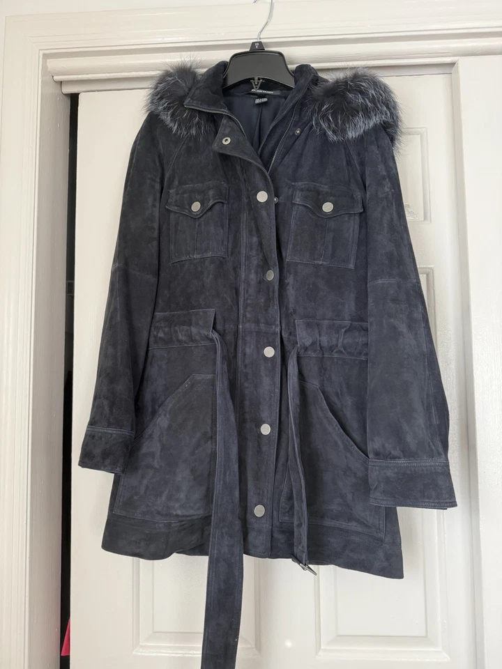 Ellen Tracy Women's Button Down & Zip Suede Jacket Coat Belted & Fox Fur Hood - Image 4 of 4