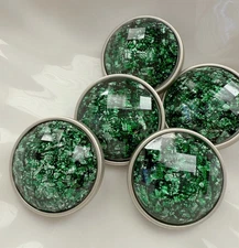 27mm Green Silver Crystal Flake Matte Silver Metal Buttons 6PC
