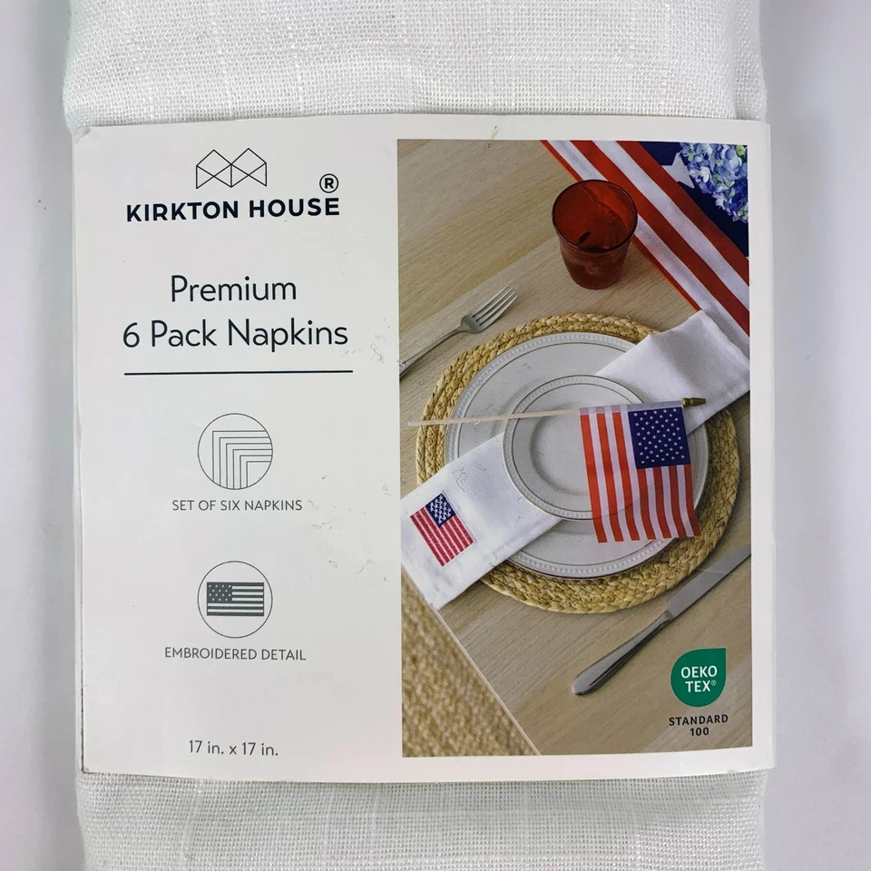 Paquete de 6 servilletas de tela Kirkton Premium blancas bordadas bandera americana EE. UU. 17x17 Foto 2 de 4